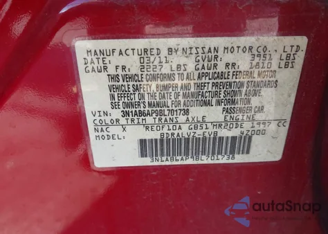 2011 Nissan Sentra 2.0Sl from USA, damaged, VIN 3N1AB6AP9BL701738